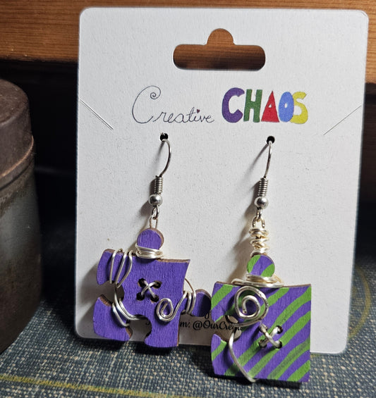 Upcycled Wooden Puzzle Piece Earrings (Purple Solid/Purple Striped)