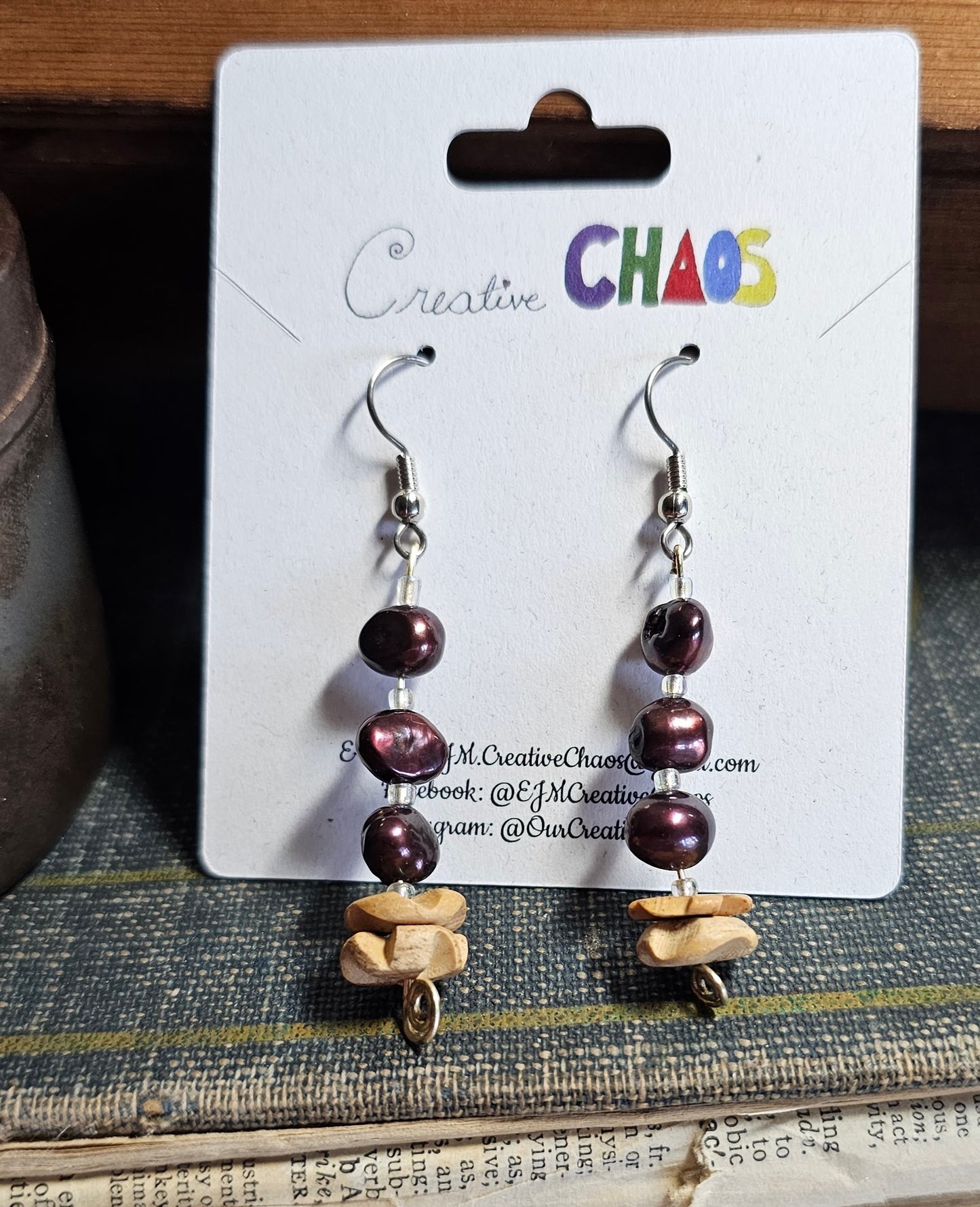 Eggplant Purple Freshwater Pearl and Coconut Wood Earrings