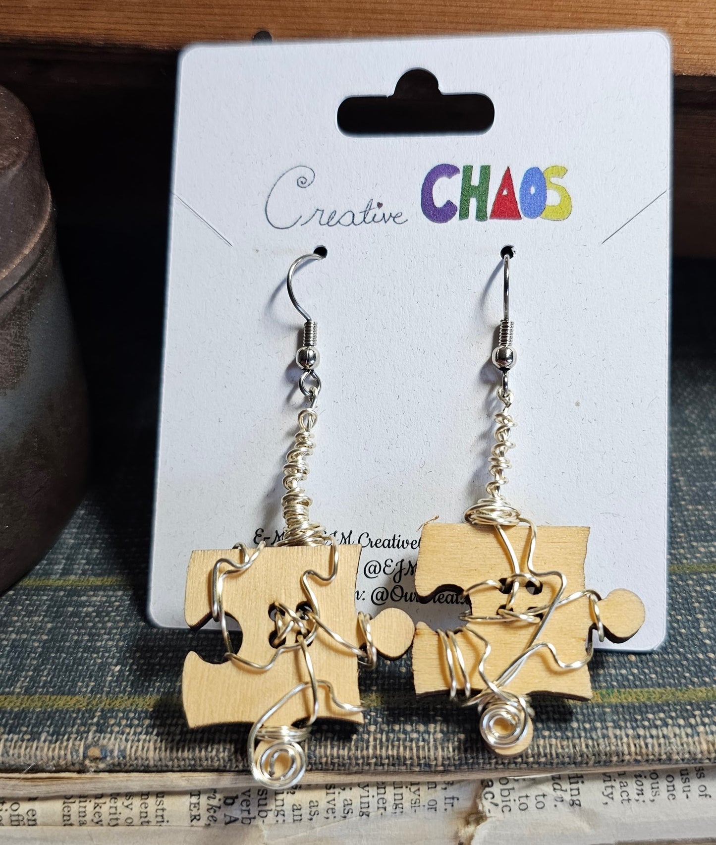 Upcycled Wooden Puzzle Piece Earrings with Wire-Wrapping