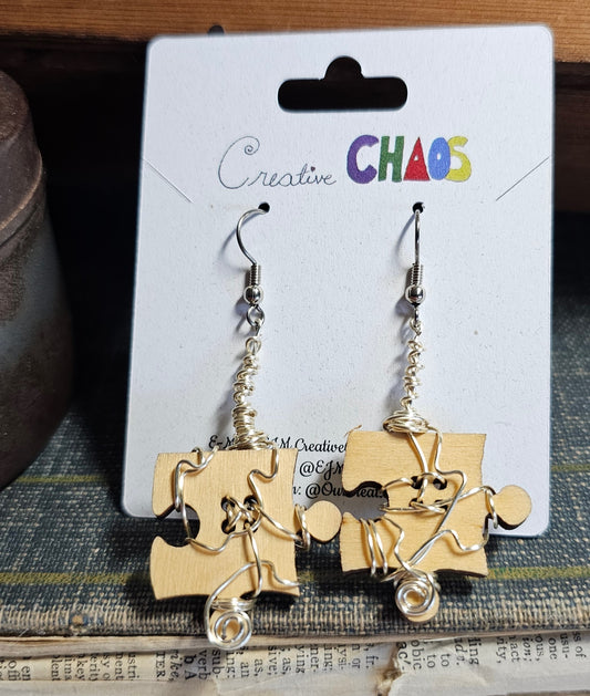 Upcycled Wooden Puzzle Piece Earrings with Wire-Wrapping