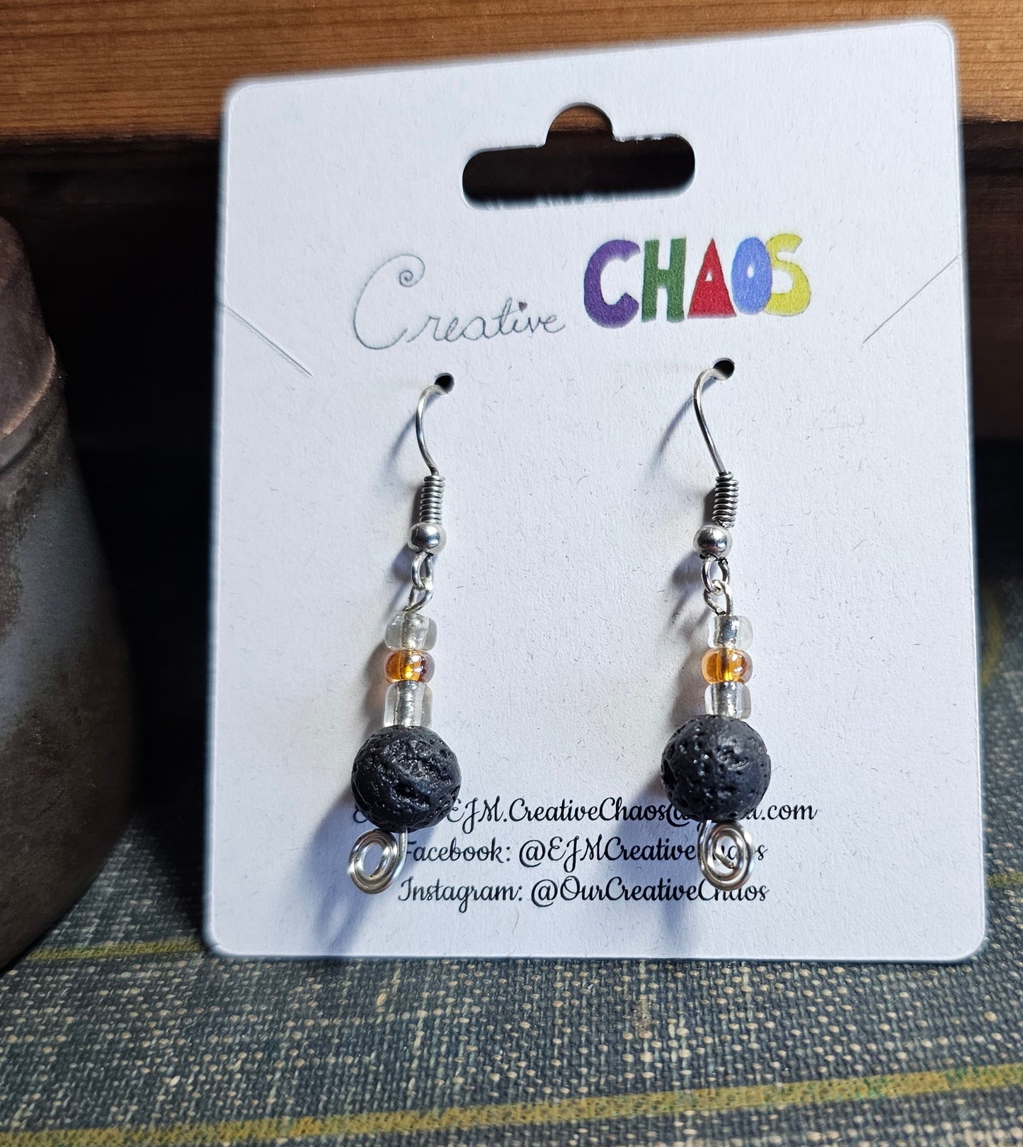 Black Lava Stone Earrings (with Tangerine Accent Beads)