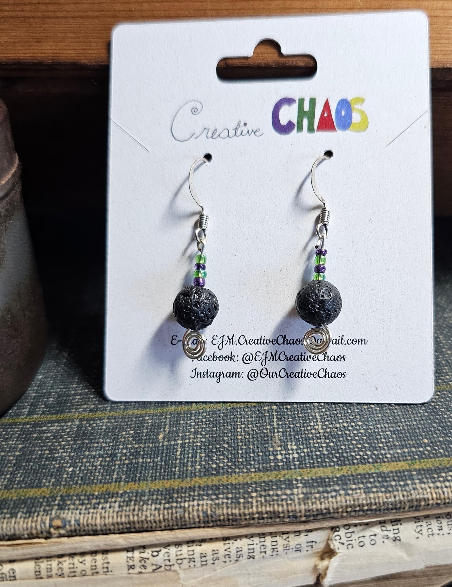 Black Laval Stone (with Purple and Green Accent Beads)