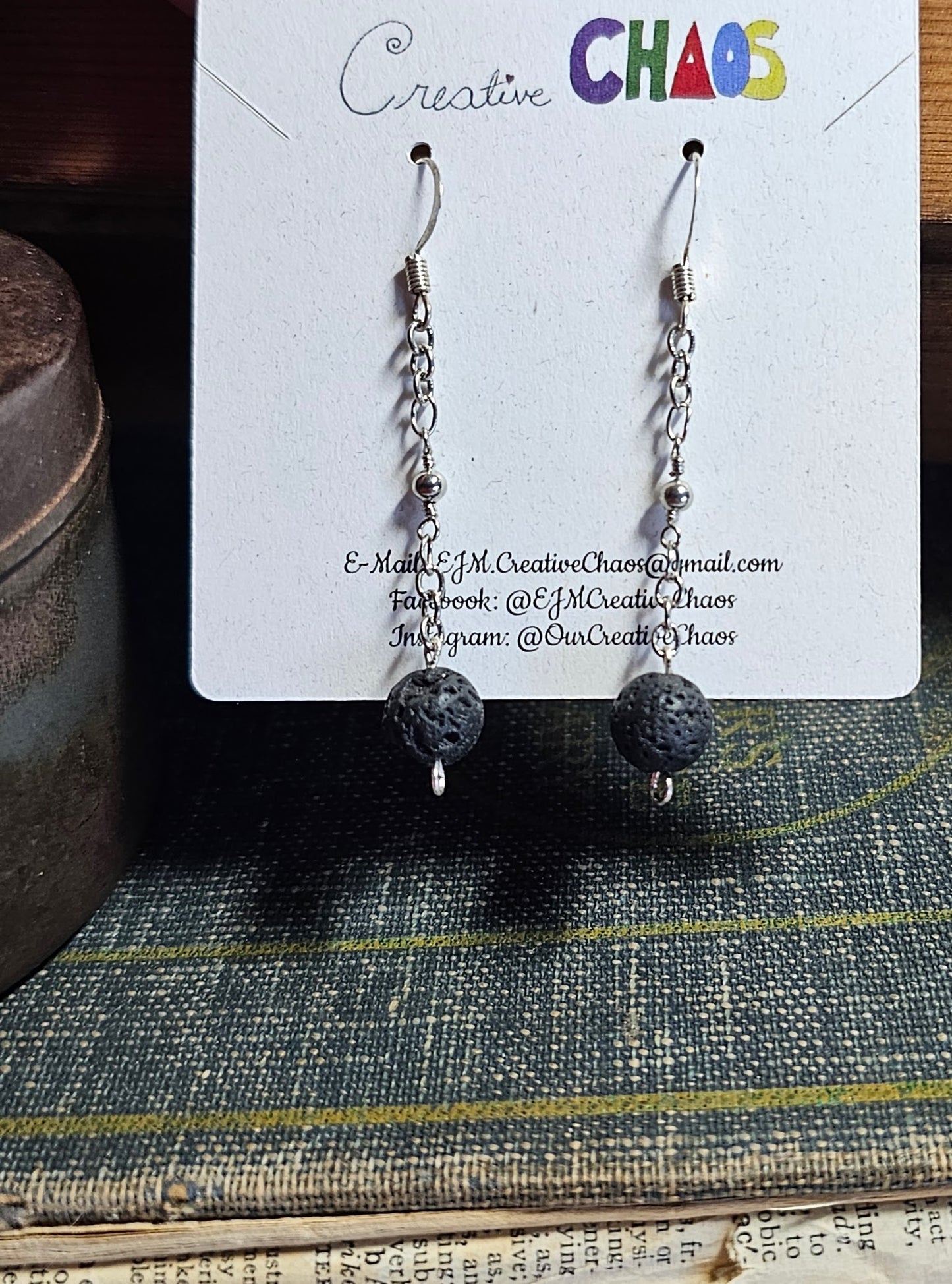 Black Lava Stone Earrings (Long Dangle Chain)