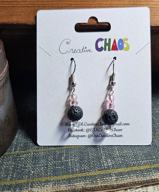 Black Lava Stone Earrings (With Pink Accent Beads)