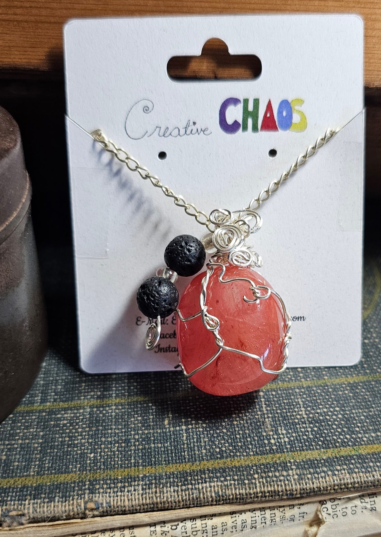 Cherry Quartz with Black Lava Stone, Wire-Wrapped