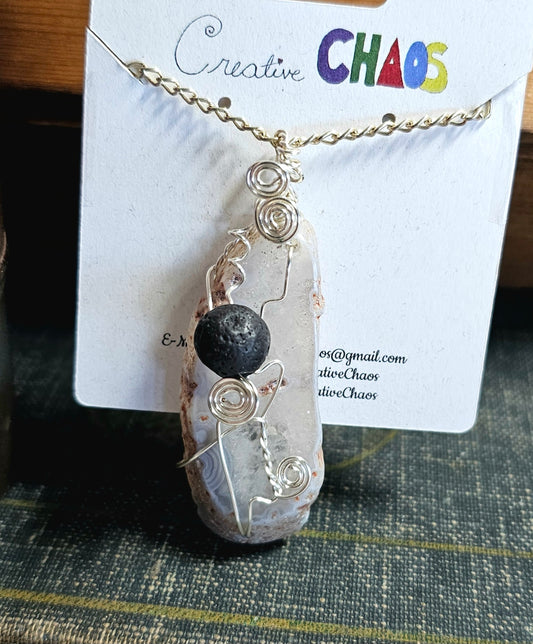 Quartz Slice with Black Lava Stone Necklace