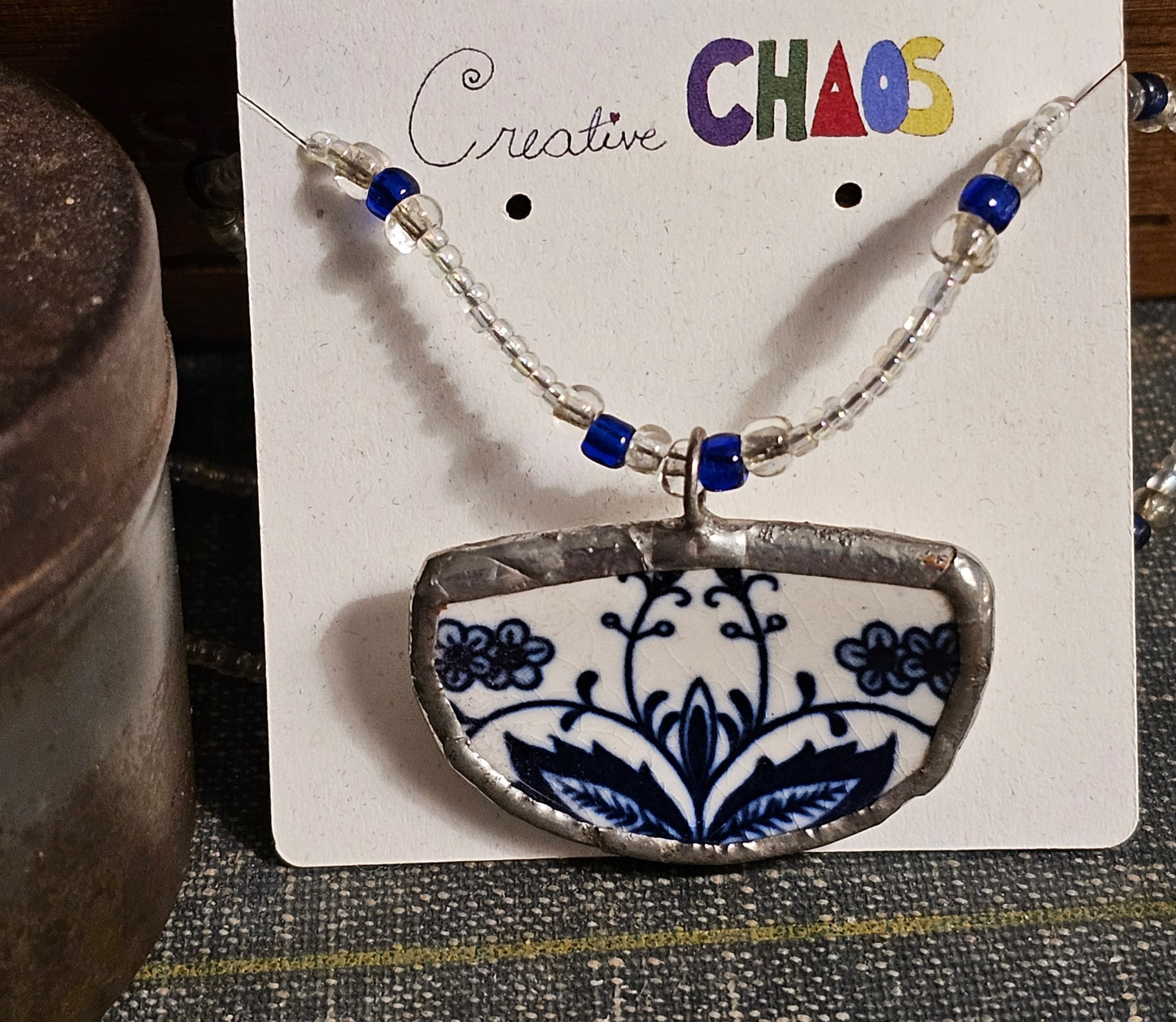 Broken China Bowl-Shaped Pendant on Beaded Necklace