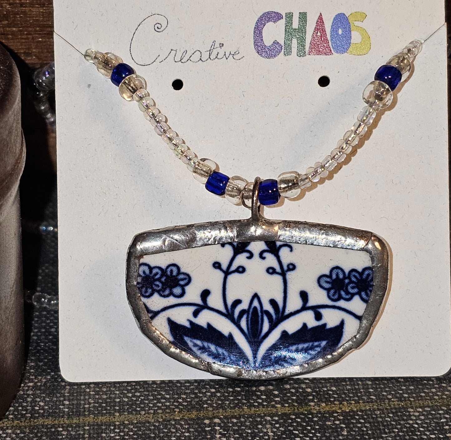 Broken China Bowl-Shaped Pendant on Beaded Necklace