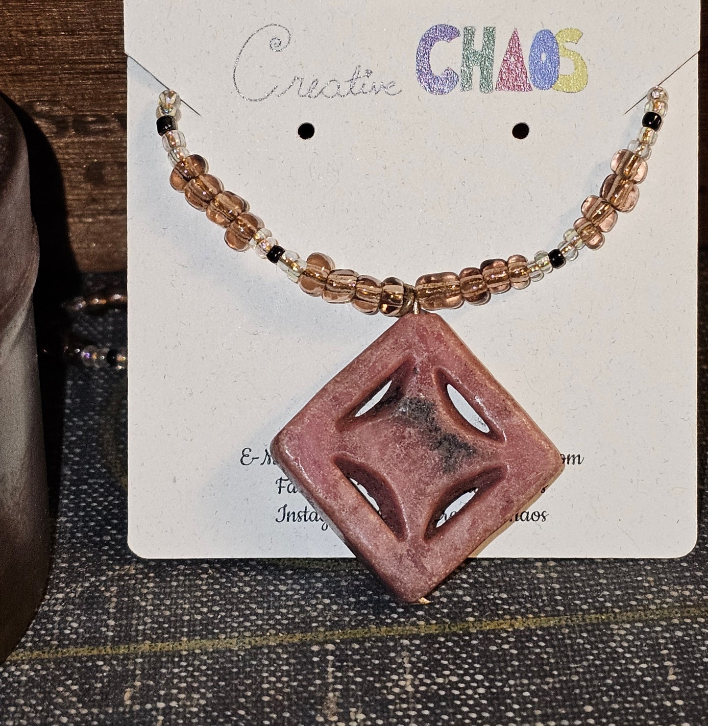 Carved Marble Mauve Pendant with Beaded Necklace