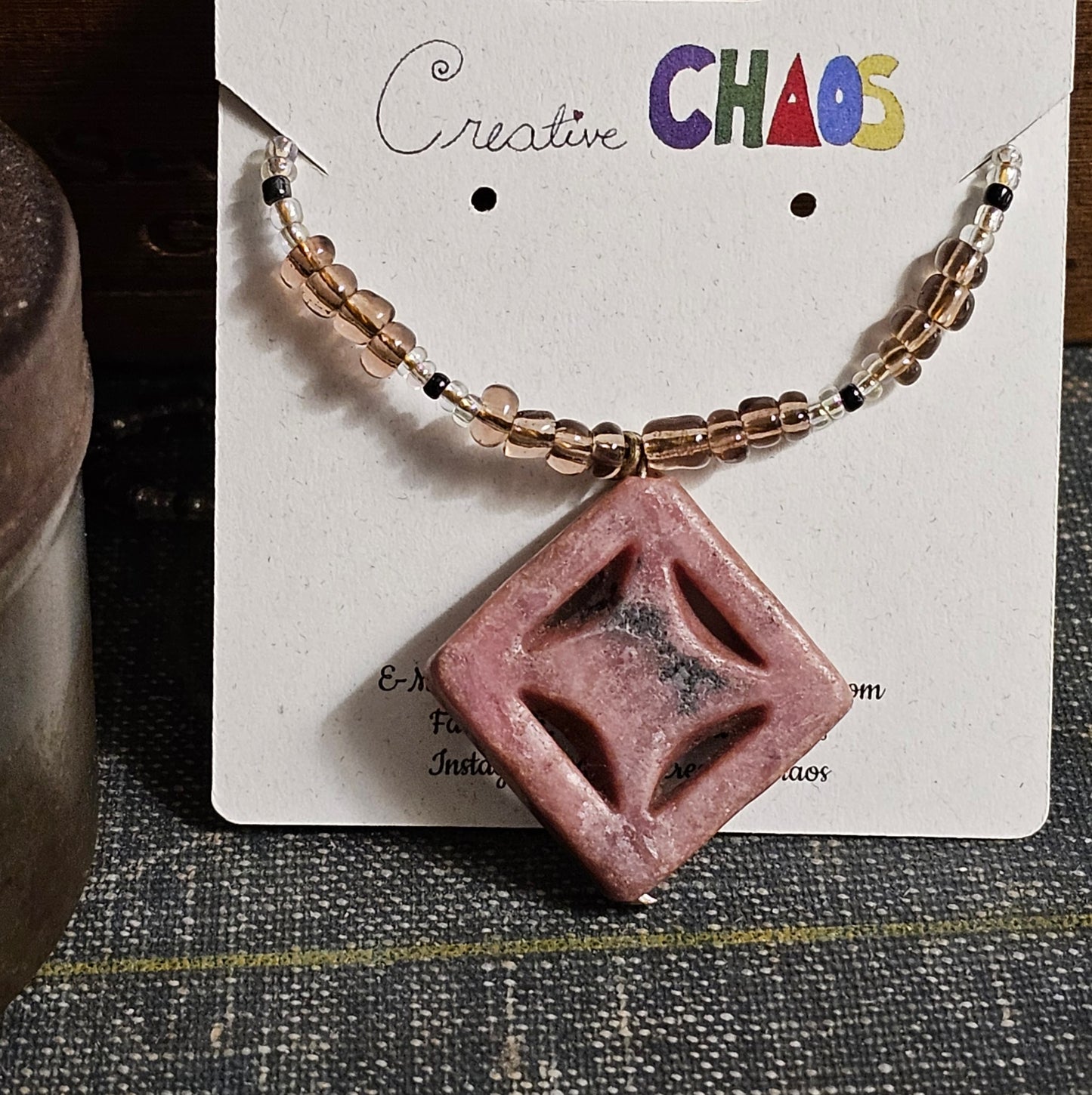 Carved Marble Mauve Pendant with Beaded Necklace