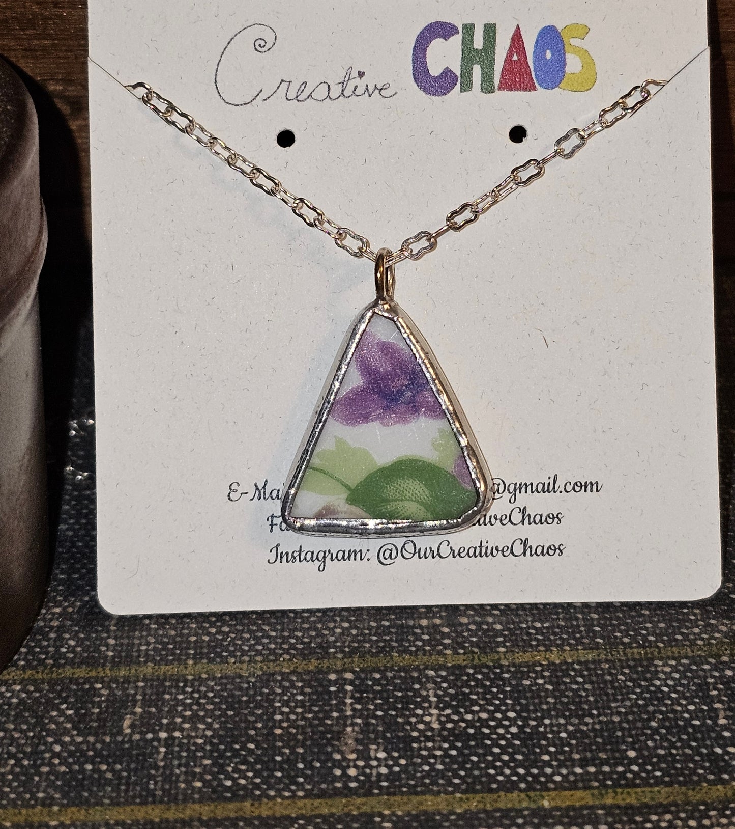 Broken China Triangle-Shaped Pendant with Purple Flowers