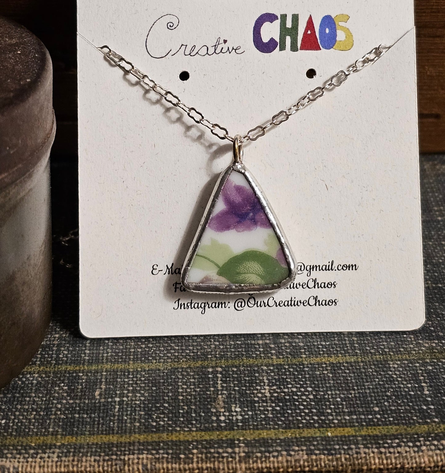 Broken China Triangle-Shaped Pendant with Purple Flowers