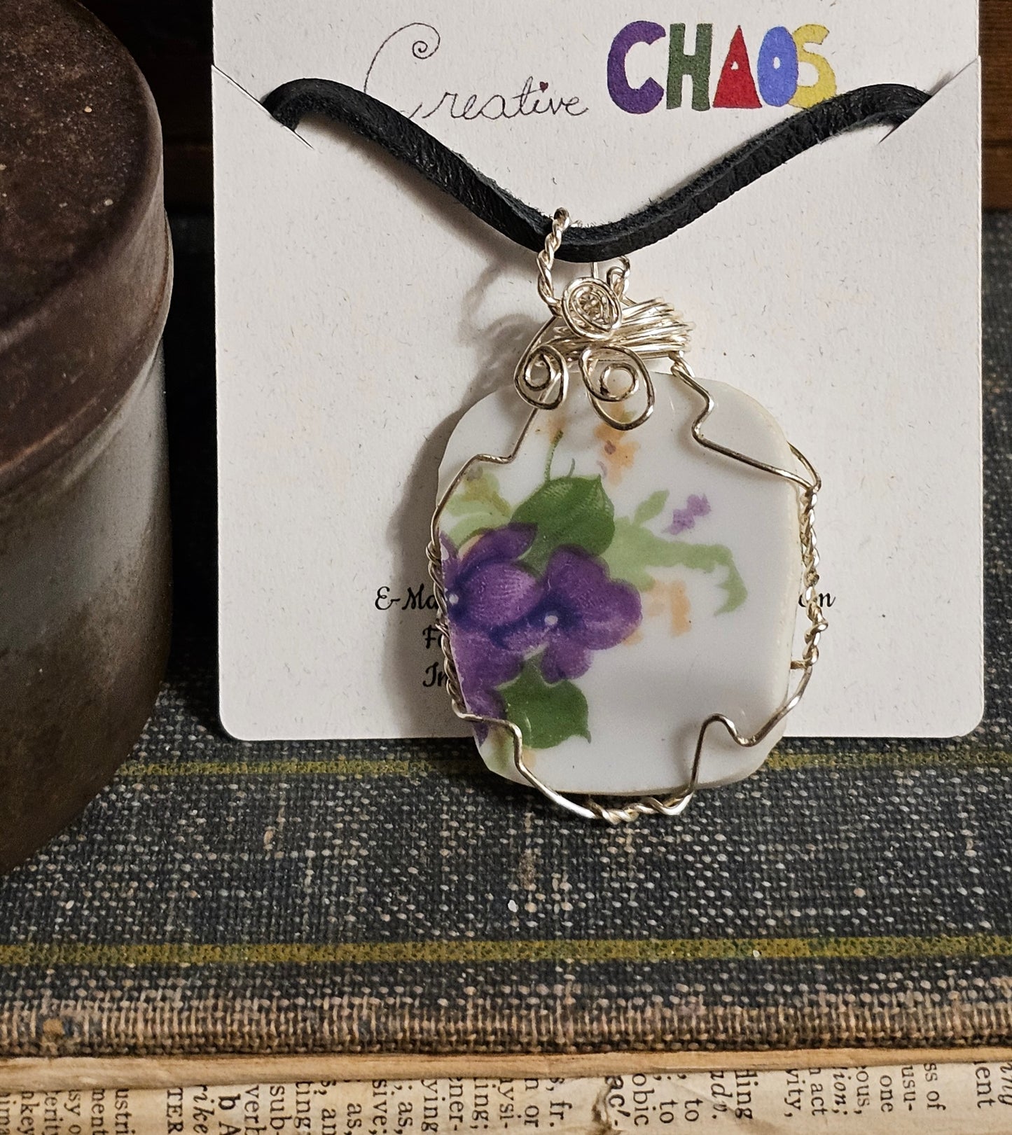 Broken China Wire Wrapped Purple Honesty Flower Pendant Necklace