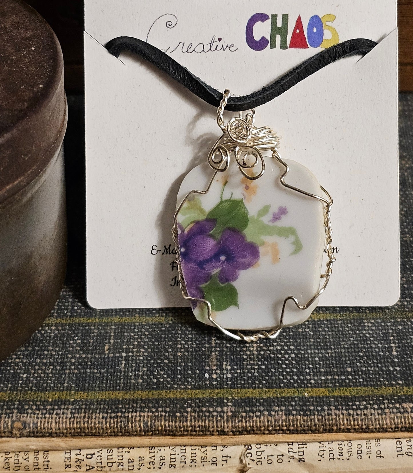 Broken China Wire Wrapped Purple Honesty Flower Pendant Necklace