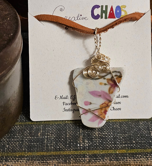 Broken China, Wire Wrapped, Delicate Flower Pendant Necklace