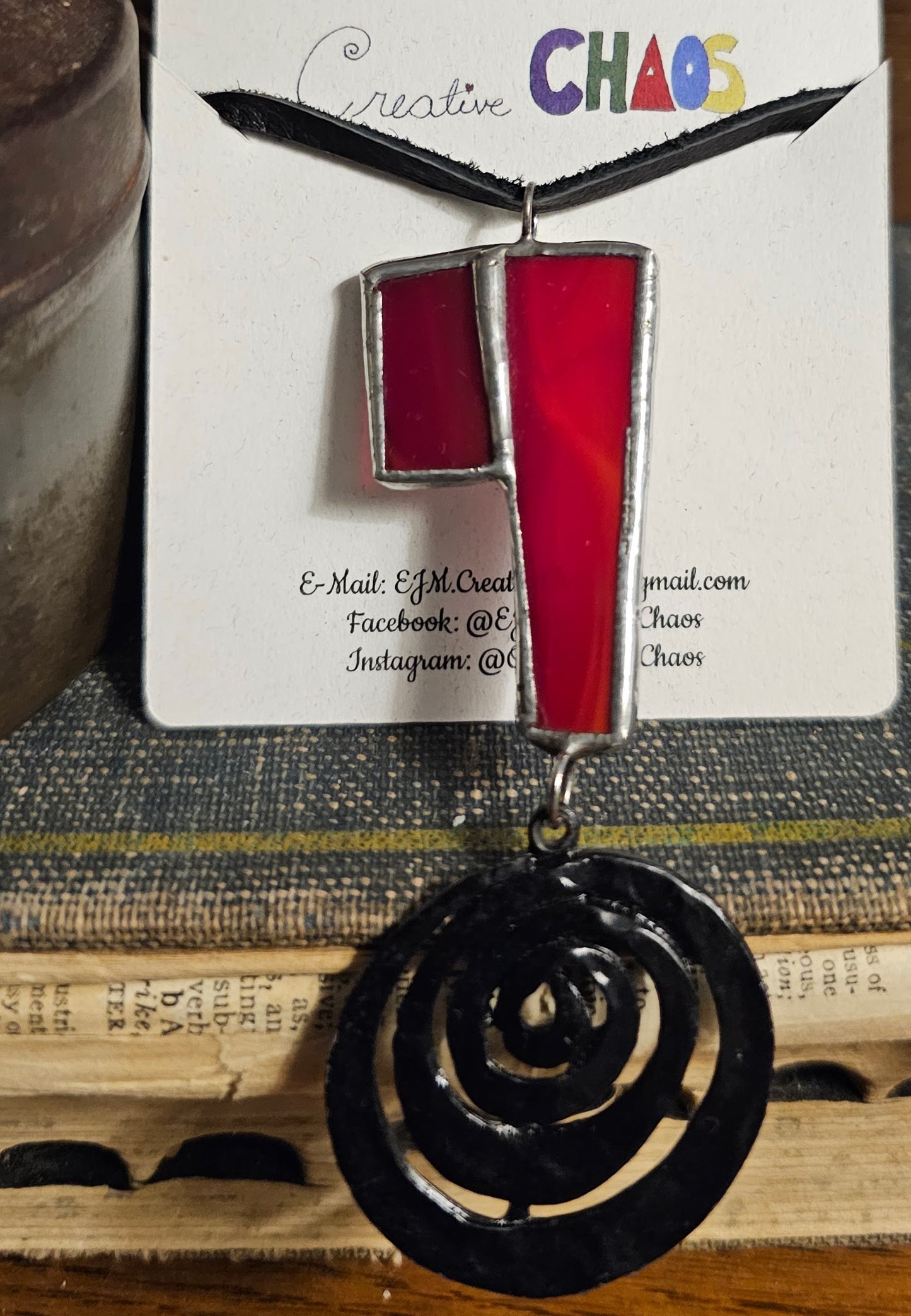 Vibrate Red Stained Glass with Black Spiral Pendant Necklace