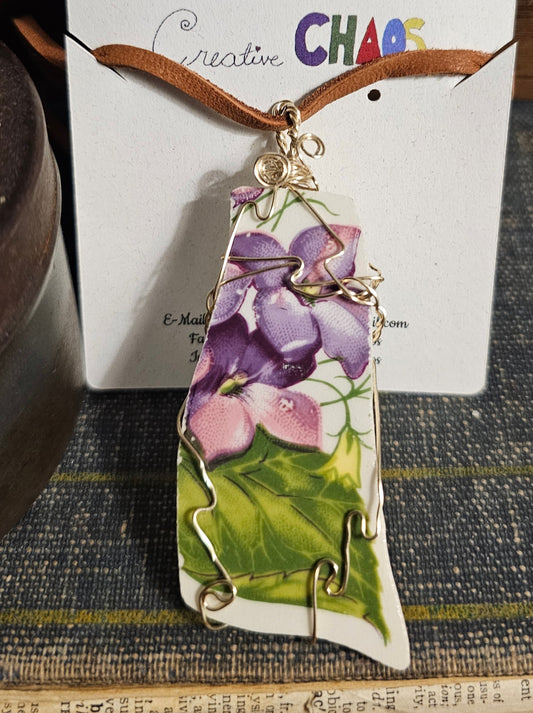 Broken China, Wire Wrapped Purple Honesty Flower Large Pendant Necklace