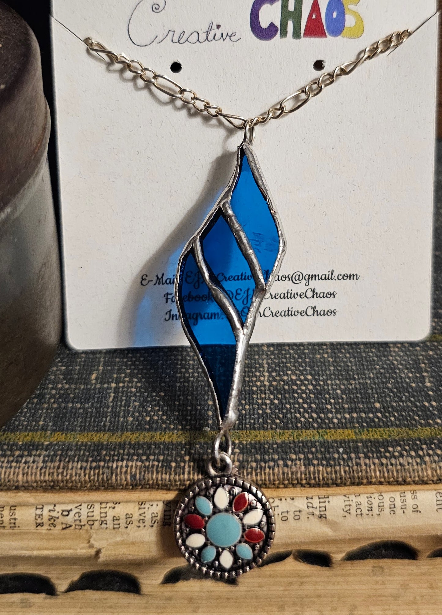 Azure Flame Stained Glass Dangle Pendant Necklace