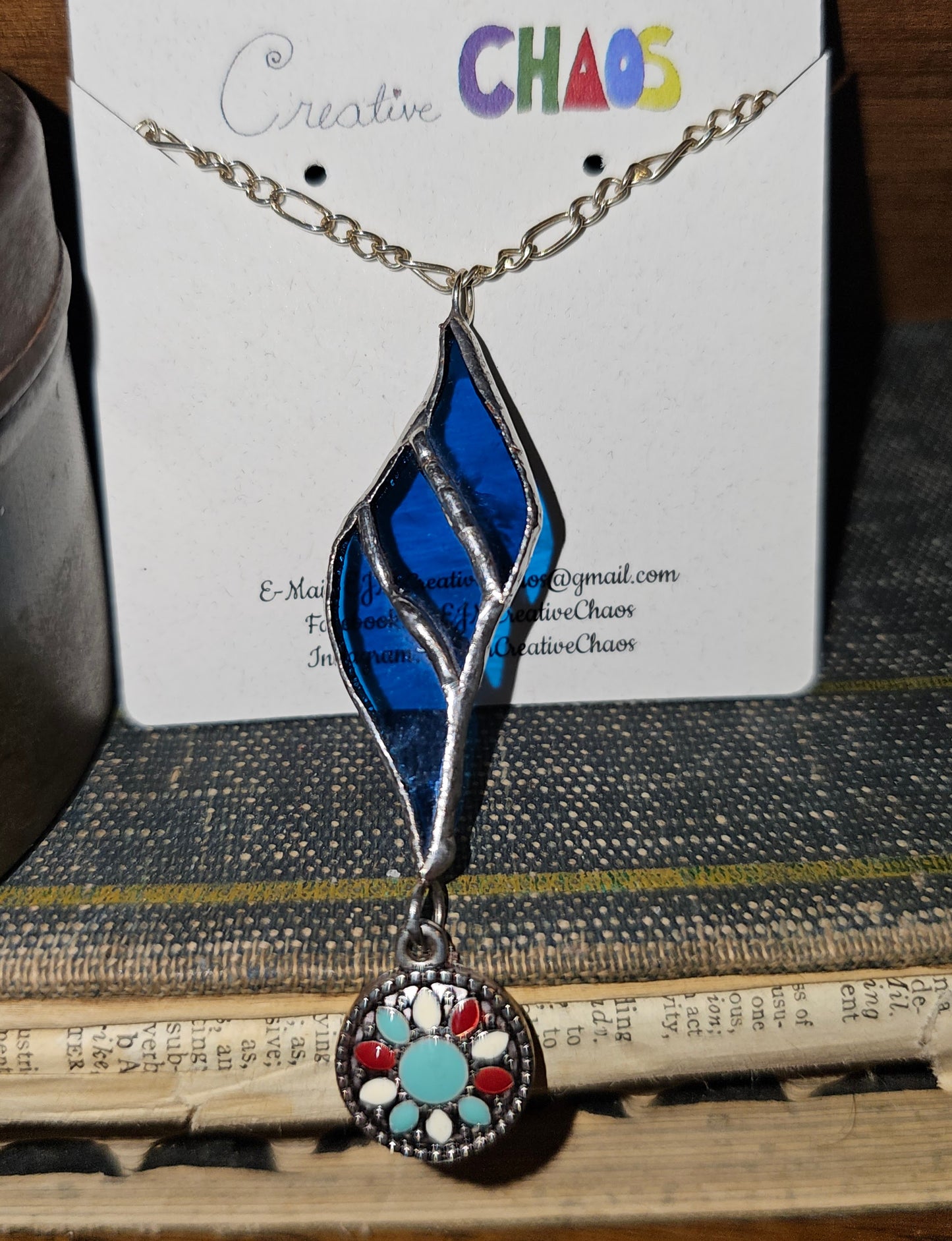 Azure Flame Stained Glass Dangle Pendant Necklace