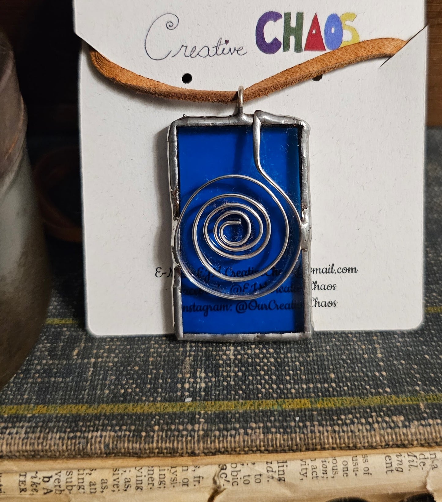 Azure Stained Glass Necklace with Spiral Wire Wrapping