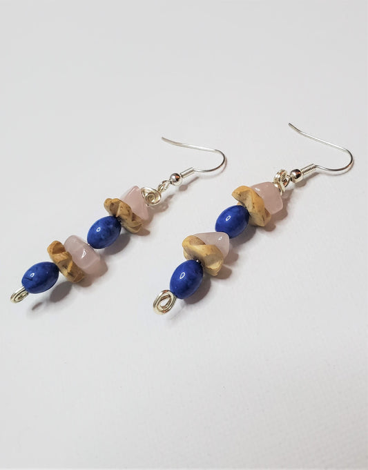 Lapis Lazuli, Rose Quartz Chips, Coconut Wood Beaded Earrings