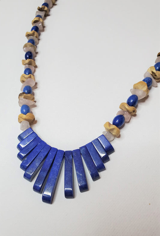 Lapis Lazuli, Rose Quartz Chips, & Coconut Wood Beaded Necklace